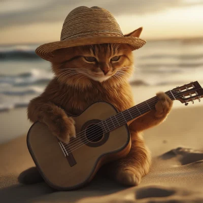 Cat with Guitar on Beach