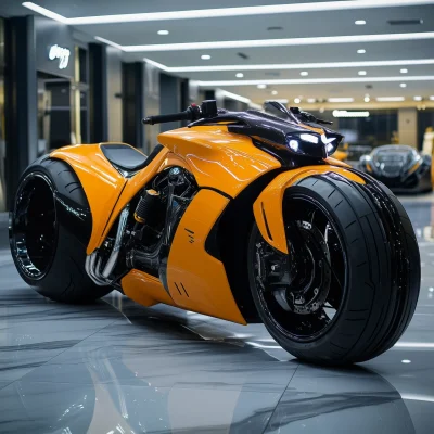 Futuristic Motorcycle in Showroom