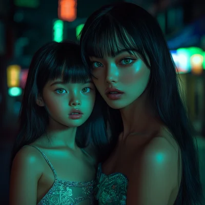 Nighttime Portrait of Mother and Daughter