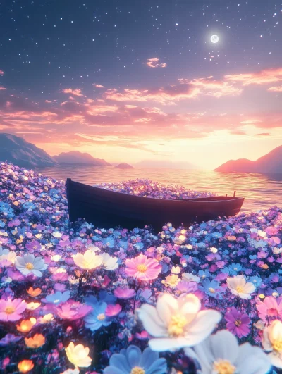 Moonlit Boat in Flower Sea