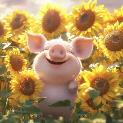 Smiling Pig in Sunflowers