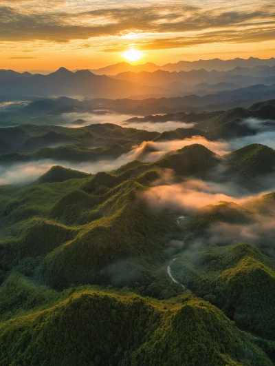 Misty Mountains at Sunset