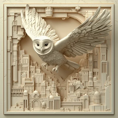 Owl with Cloak Over Ancient City