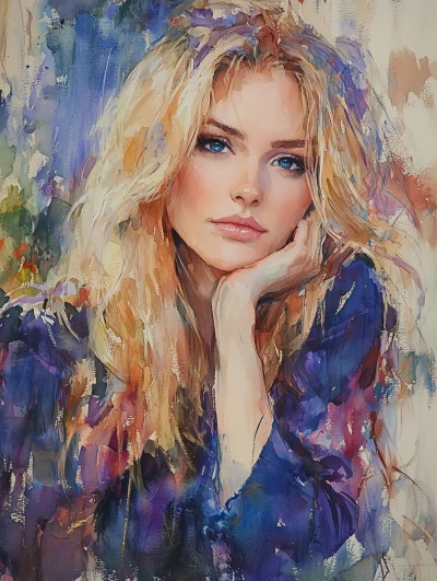 Watercolor Portrait of a Blonde Woman