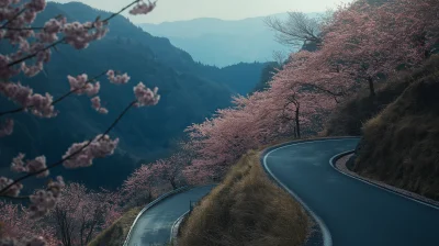 Winding Mountain Road with Cherry Blossoms