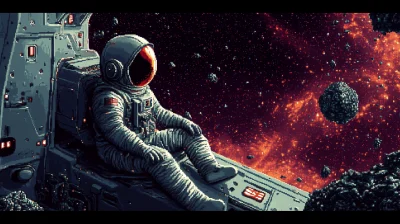 Astronaut in Pixel Art Spaceship