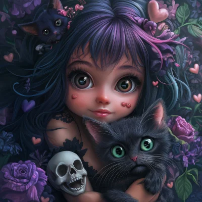 Whimsical Gothic Girl with Kitten