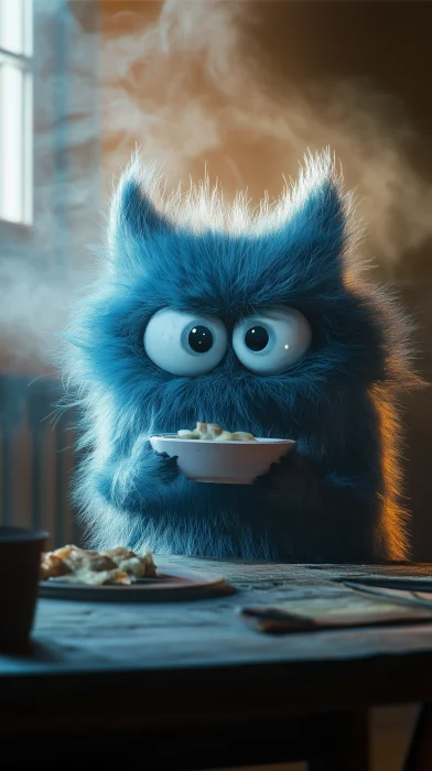 Cute Furry Blue Monster Eating