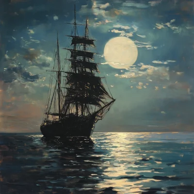 Moonlight Ship at Sea