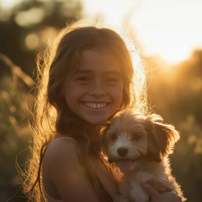 Girl with puppy on the way to school