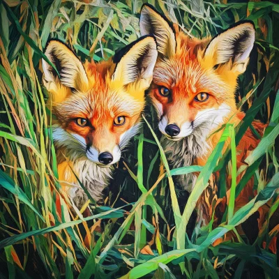 Curious Foxes Peeking Through the Grass