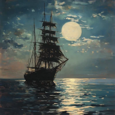 Moonlit Ship at Sea