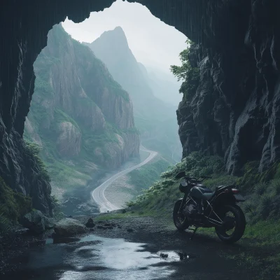 Misty Valley with Motorcycle