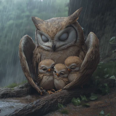 Mother Owl Protecting Her Chicks