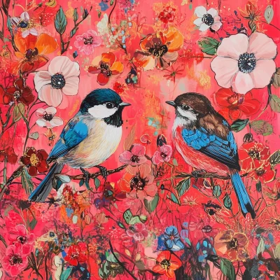 Colorful Birds Among Flowers