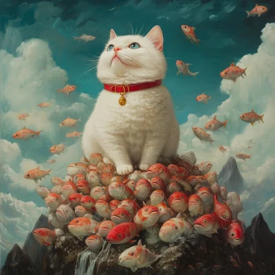 Chubby Cat on a Fish Mountain