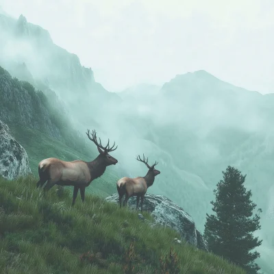 Elk on a Foggy Mountain