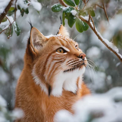 Lynx in Snowy Blueberry Patch