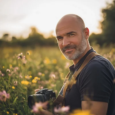 Man with Camera in Wildflower Meadow