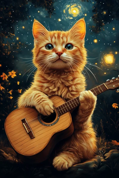 Cat Guitarist Under Starry Sky