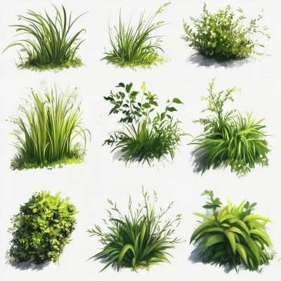 Oil Painting of Various Grass and Bush Types