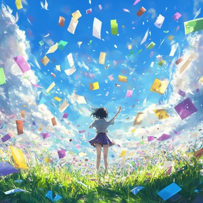 Colorful Anime Scene with Falling Papers