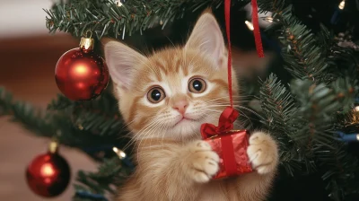 Kitten by the Christmas Tree