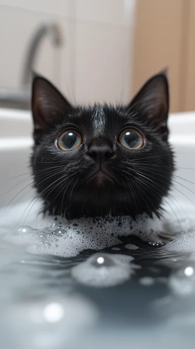 Cute Black Cat in Bathtub