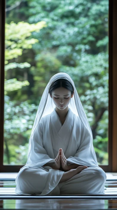 Buddhist Nun in Tranquil Temple