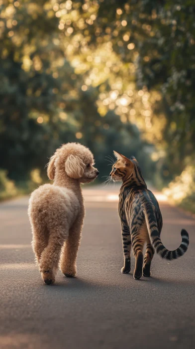 Poodle and Bengal Cat Stroll