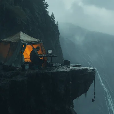 Man in Tent on a Rainy Day