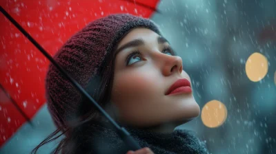 Woman with Red Umbrella Looking Up