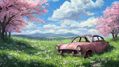 Abandoned Car in Cherry Blossom Meadow