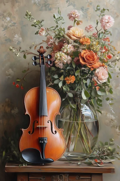 Violin and Flower Bouquet