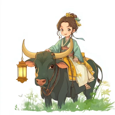 Joyful Shepherd Girl on Ox