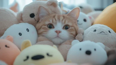 Curious Cat Among Stuffed Dolls