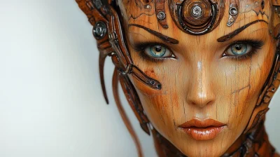 Wooden Female Robot Portrait