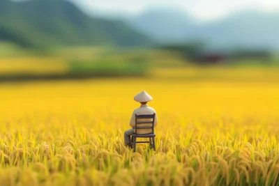 Old Chinese Farmer in Rice Fields