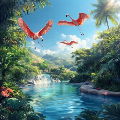 Flamingos Flying Over Tropical Pool