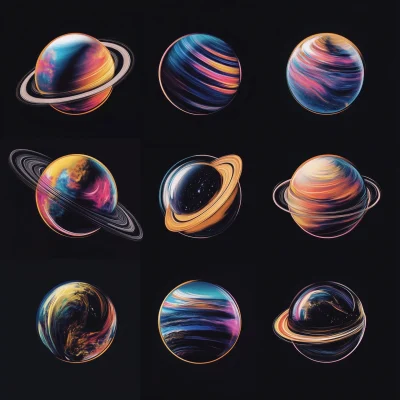 Colorful 3D Planets in Line Art