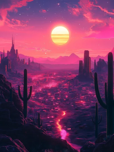 Dreamy Desert City at Sunset