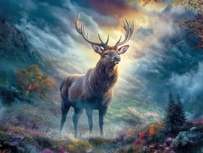 Stag in a Misty Landscape