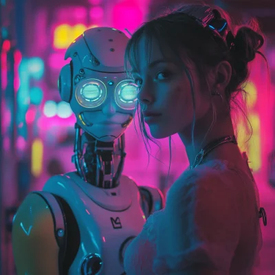 Girl and Robot in Neon Colors