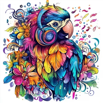 Psychedelic Parrot with Headphones