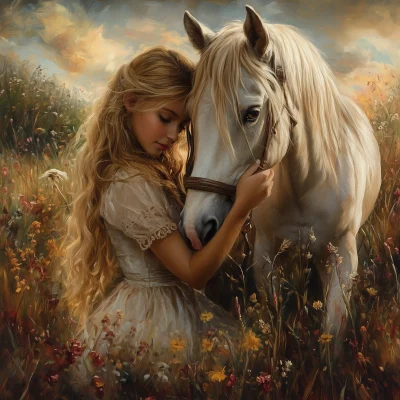 Girl with Horse in a Field