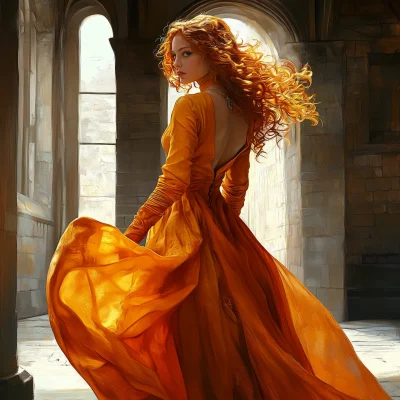 Woman in Orange Dress at Castle