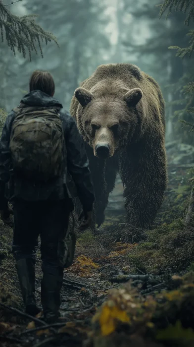 Bear Approaching Human in Forest