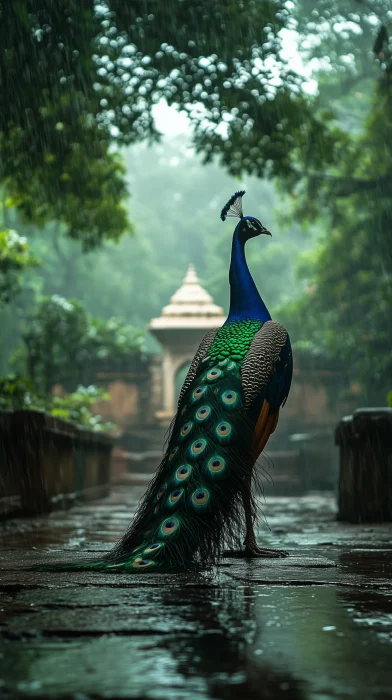 Serene Peacock in Rain