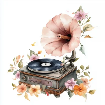 Watercolor Gramophone with Flowers