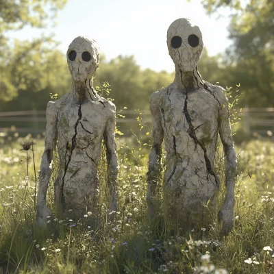 Eerie Humanoid Figures in Meadow